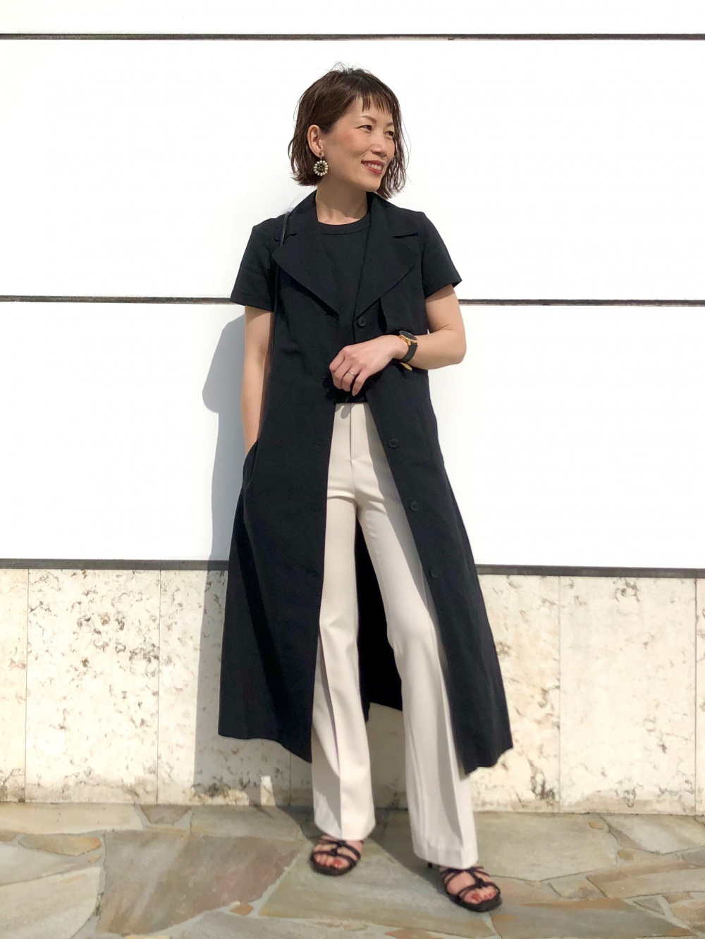 クルーネックt 半袖 イージーフレアパンツ 丈標準68 70cm の着用コーディネート ユニクロ