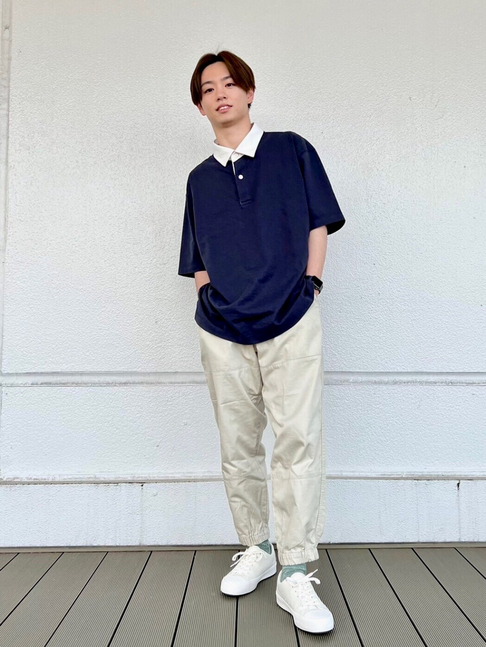 ラガーポロシャツ 半袖 ワイドフィットジョガーパンツ の着用コーディネート ユニクロ