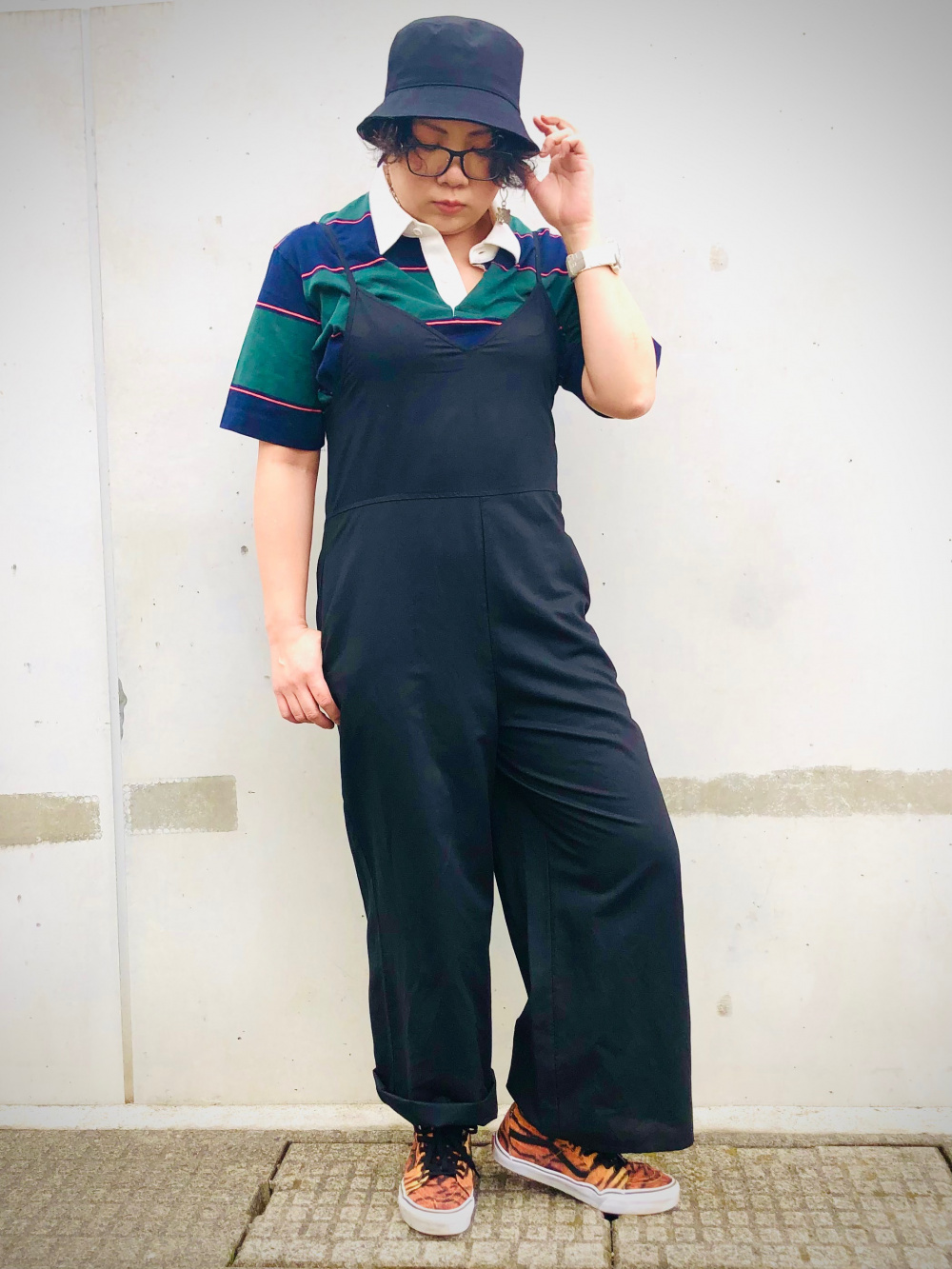 リネンブレンドキャミソールサロペット Uvカットバケットハット の着用コーディネート ユニクロ