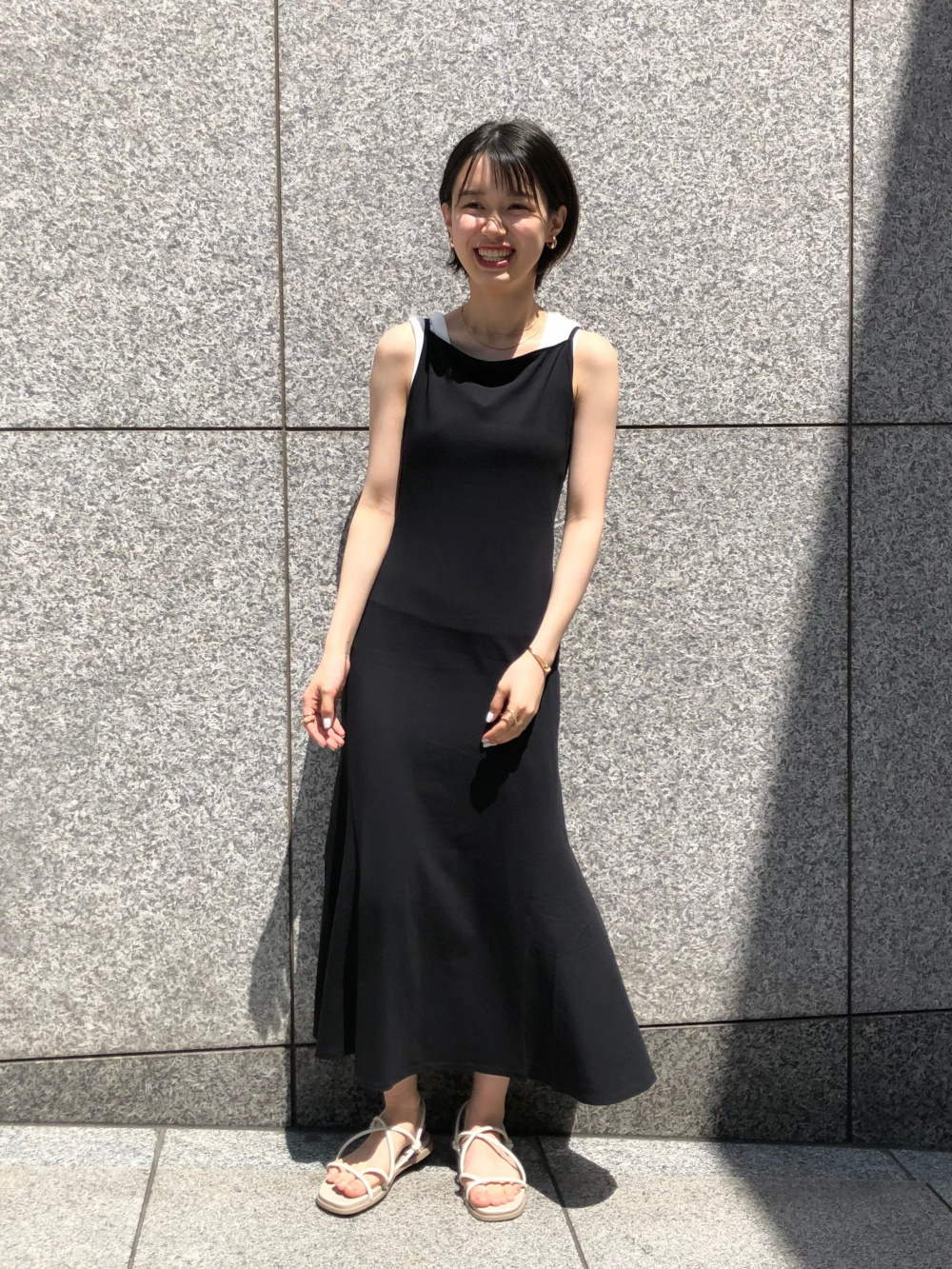 キャミソールフレアワンピース リブタンクトップ の着用コーディネート ユニクロ