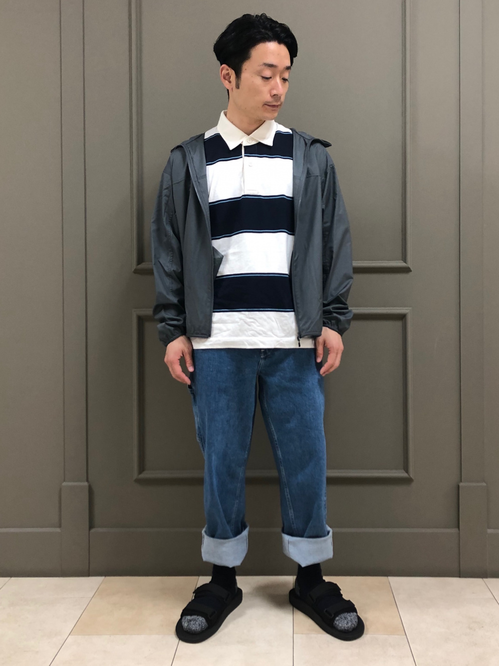 チェックストラップレスシャツ+デニムスカート