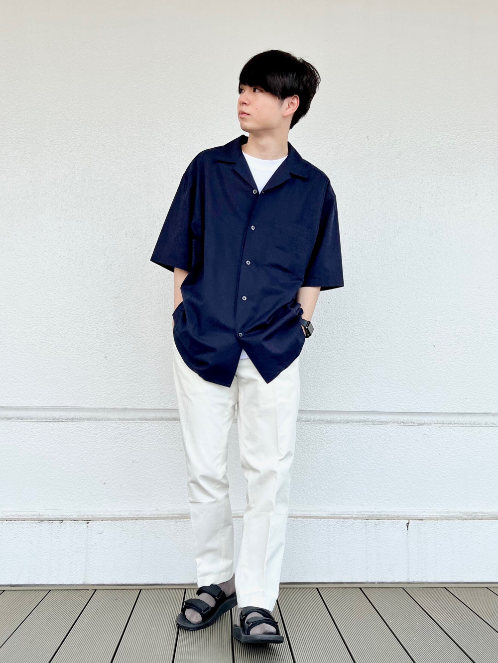 オープンカラーシャツ 半袖 クレープジャージージョガーパンツ 丈標準64 5 66 5cm の着用コーディネート ユニクロ