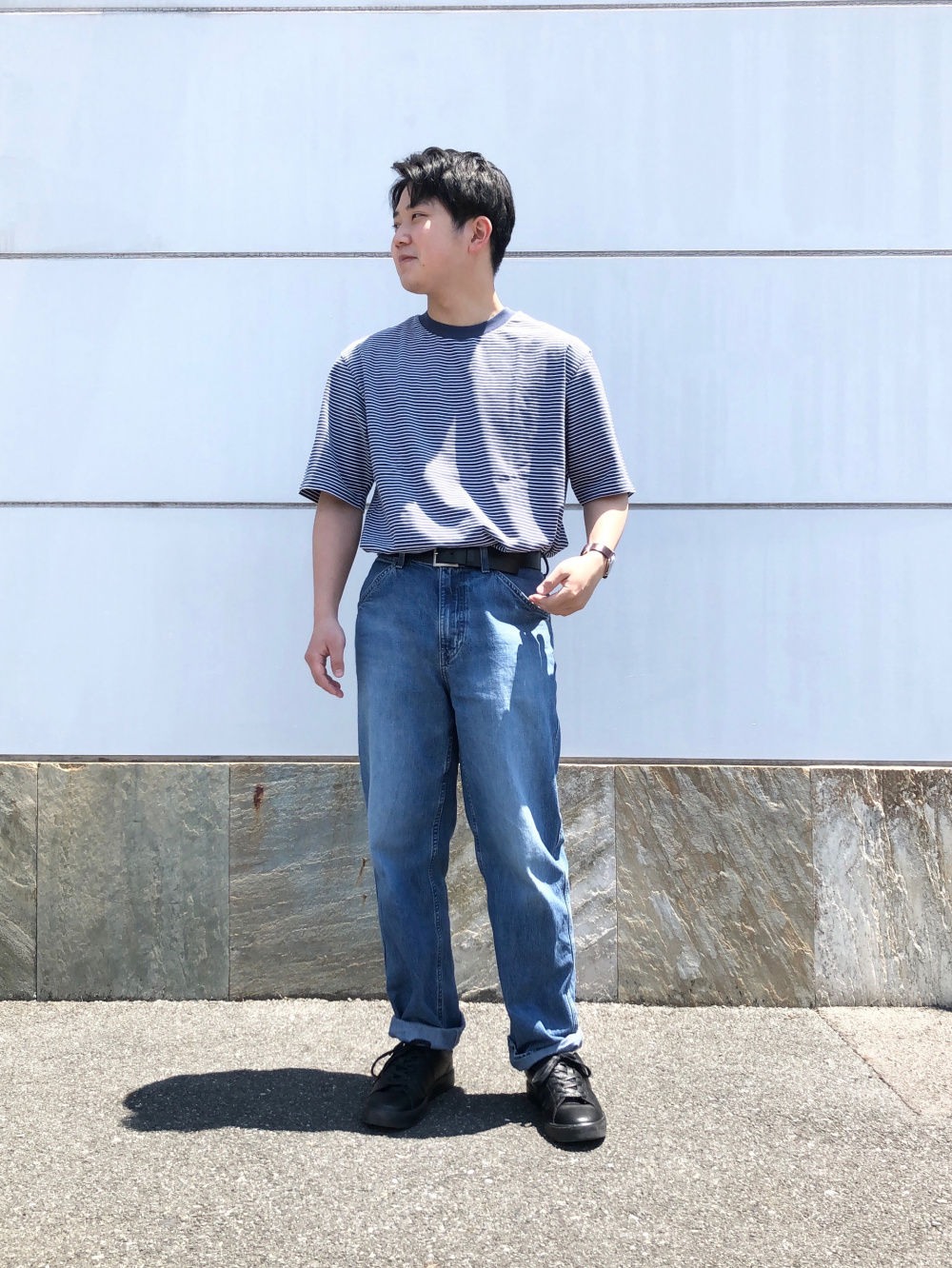 オーバーサイズボーダーTシャツ（5分袖）、デニムクロップド