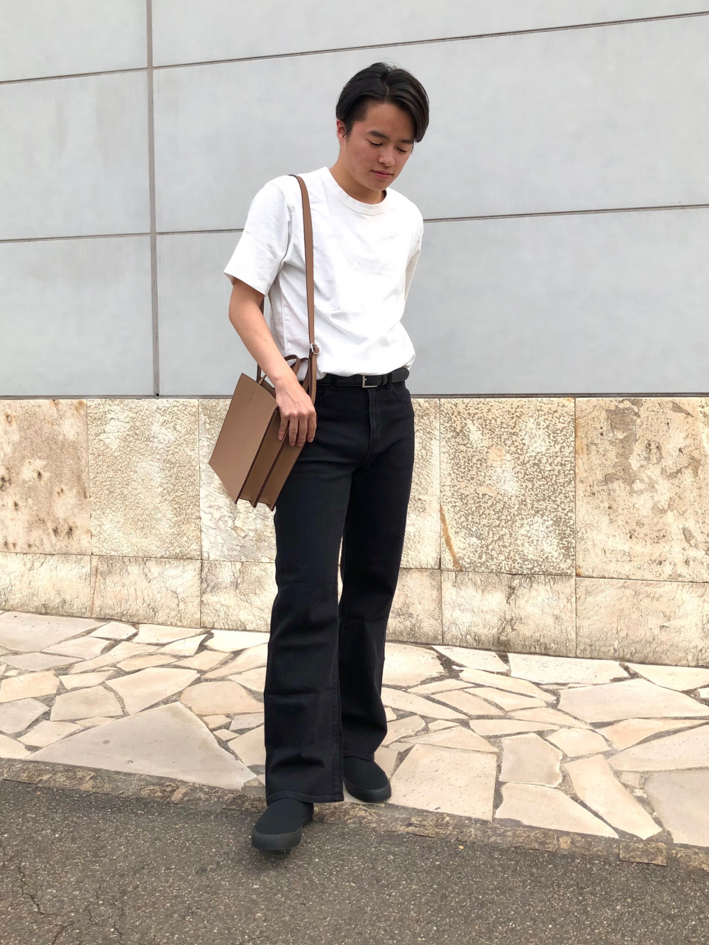 スマートアンクルパンツ ジャージー グレンチェック 丈標準64 5 70 5cm レザータッチスクエアショルダーバッグ の着用コーディネート ユニクロ
