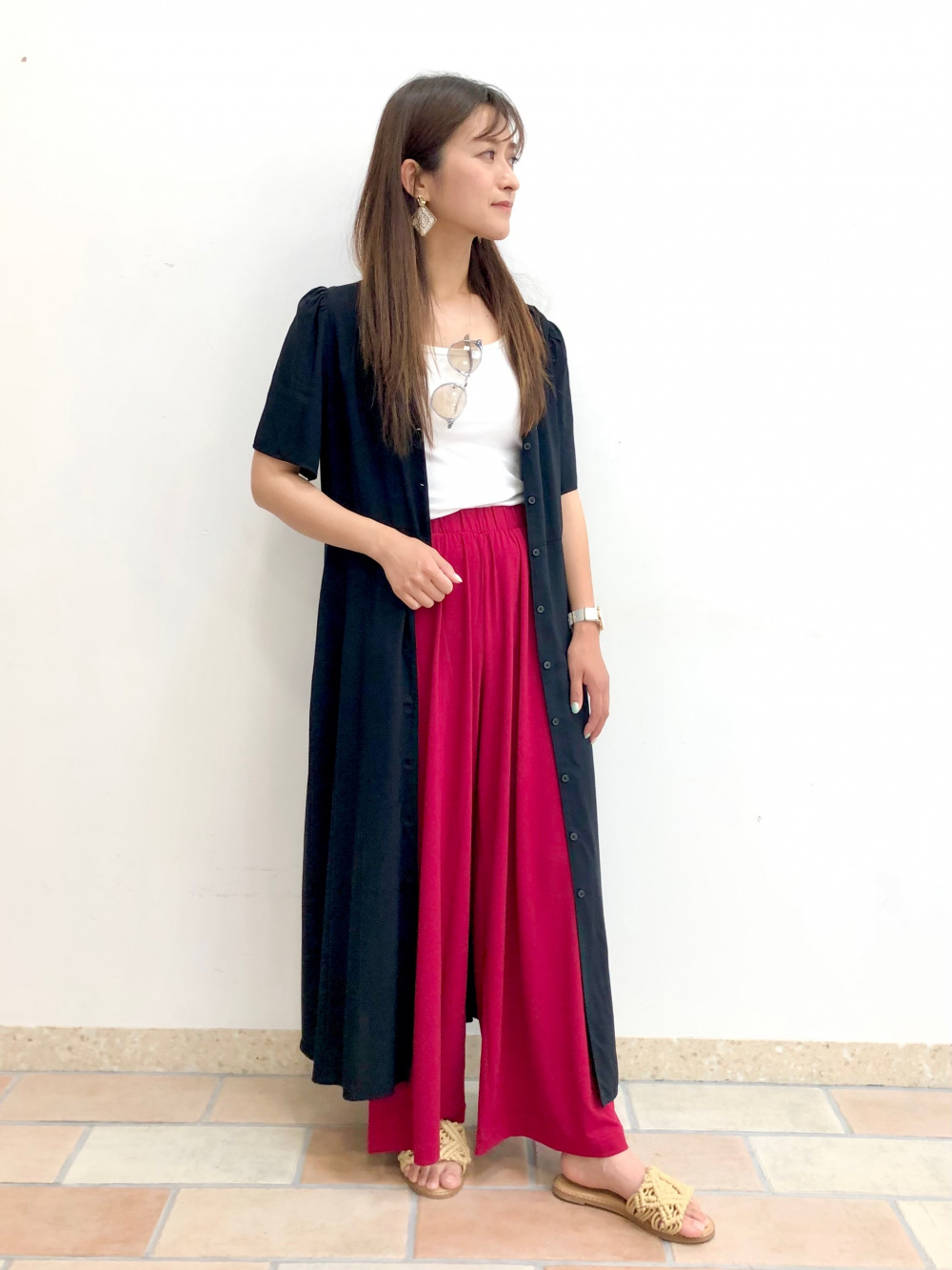 バーガンディ 半袖 フレアワンピース