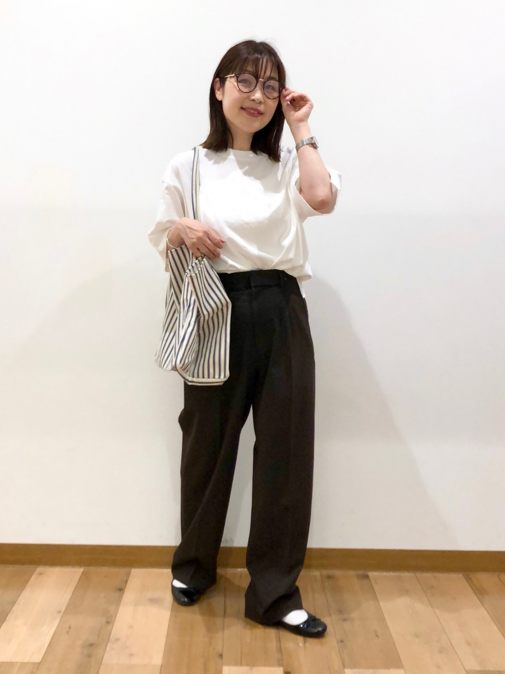 ボーダーt 長袖 タックワイドパンツ 丈標準68 70cm の着用コーディネート ユニクロ