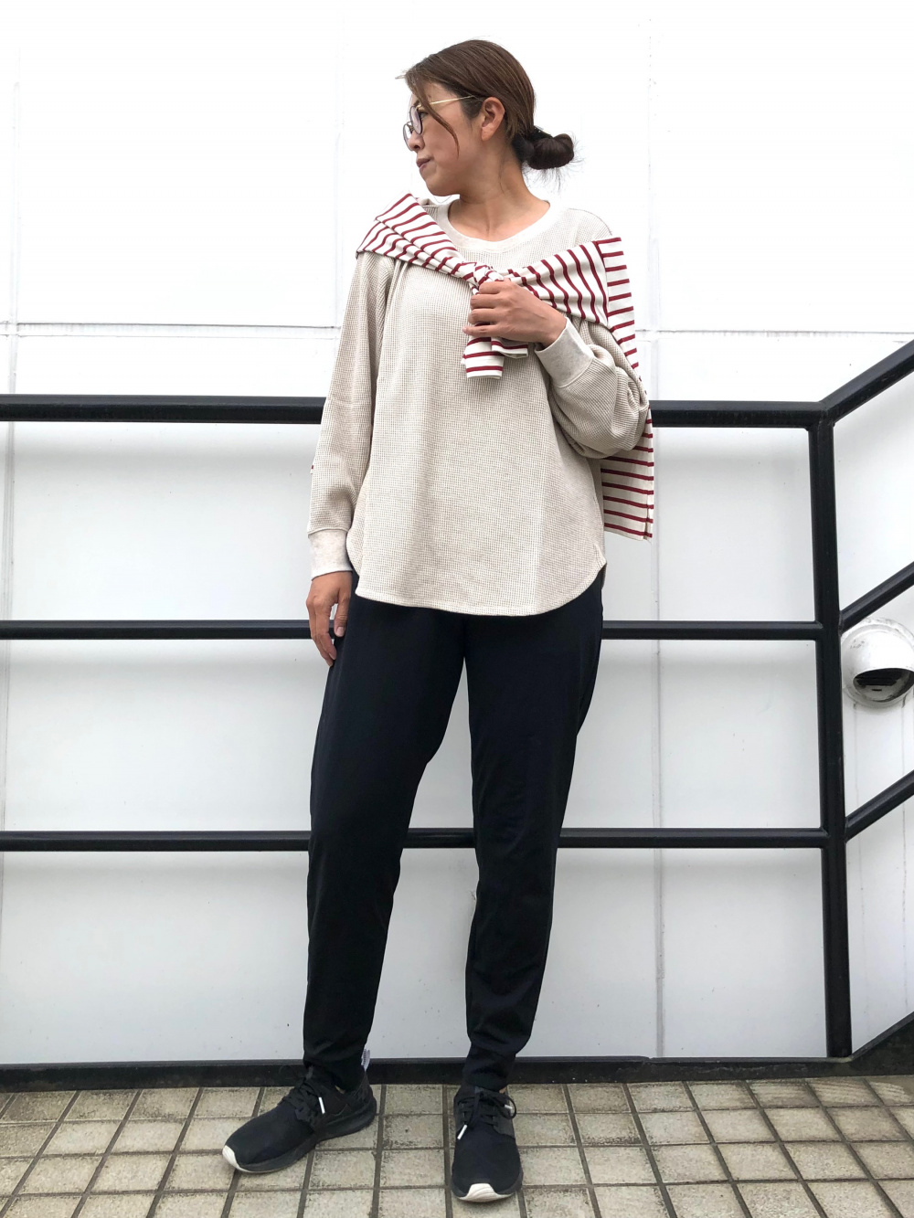 ワッフルT/長袖、ボーダーTシャツ（長袖）」の着用コーディネート