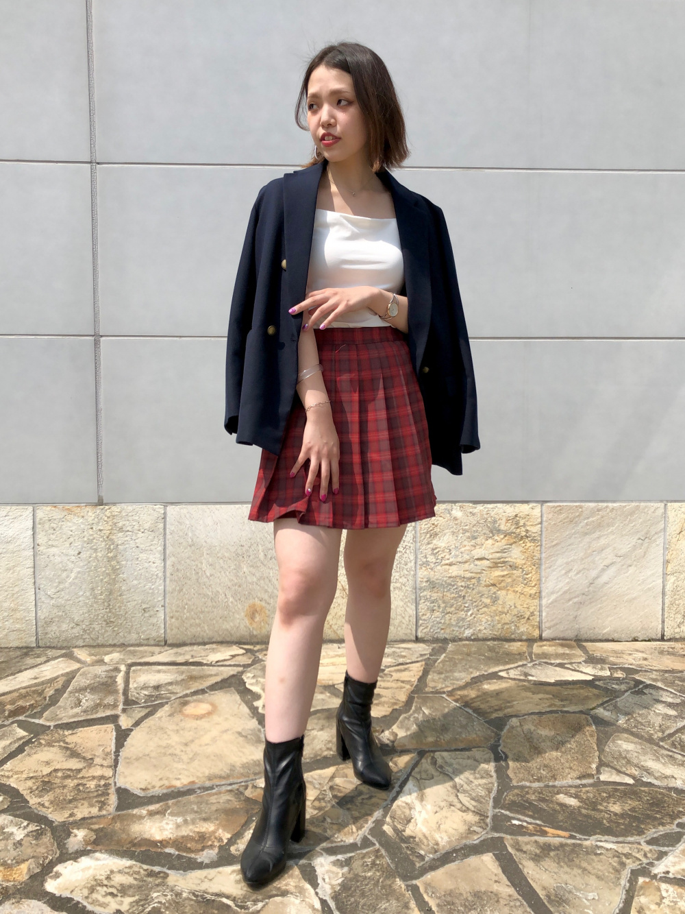 ダブルジャケット Girls チェックミニスカートパンツ の着用コーディネート ユニクロ