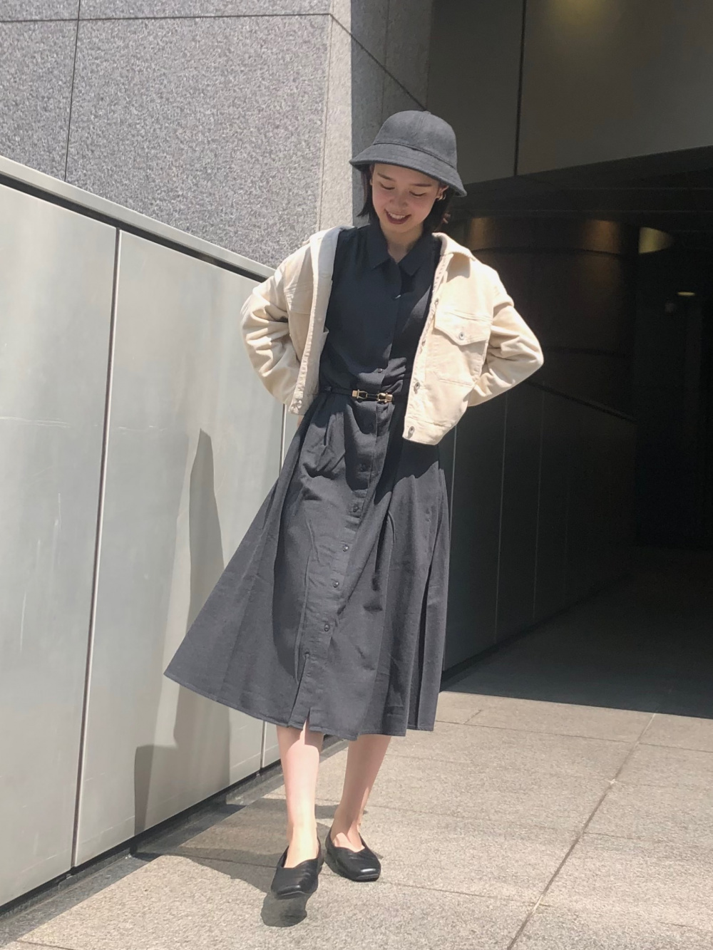 ソフトフランネルフレアワンピース 長袖 標準丈 109 1cm コーデュロイクロップドジャケット の着用コーディネート ユニクロ