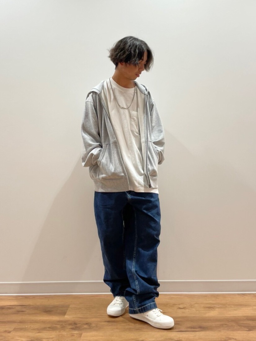 オーバーサイズポケツキTシャツ/5分袖、ワイドフィットジーンズ