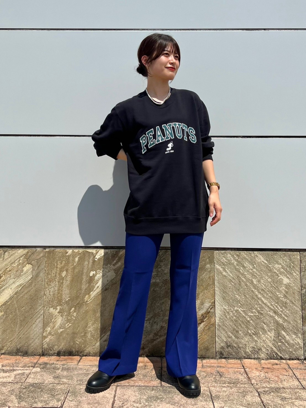 クルーネックtワンピース 半袖 ドレープフレアパンツ 丈標準68 70cm の着用コーディネート ユニクロ