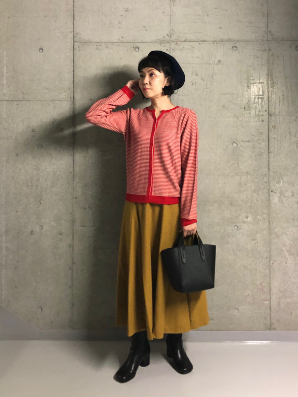 紺×赤 ユニクロ イネス ピーコート ウールブレンドフレアスカート