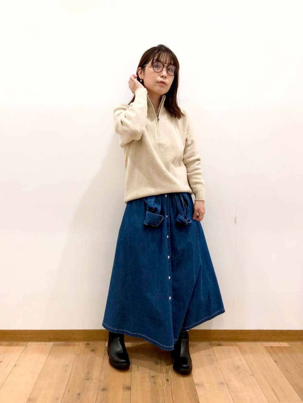 デニムaラインシャツワンピース 長袖 標準丈 111 121cm の着用コーディネート ユニクロ