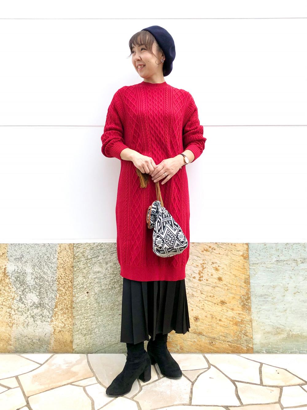 Girls ケーブルニットワンピース 長袖 の着用コーディネート ユニクロ