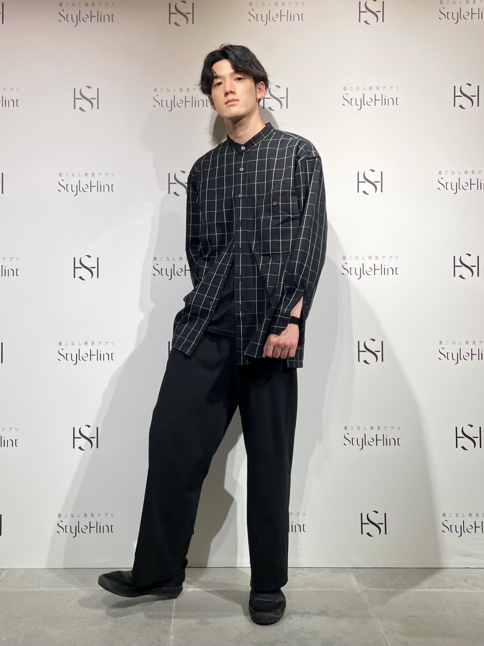 フランネルオーバーサイズスタンドカラーチェックシャツ 長袖 タックワイドパンツ 丈標準68 70cm の着用コーディネート ユニクロ