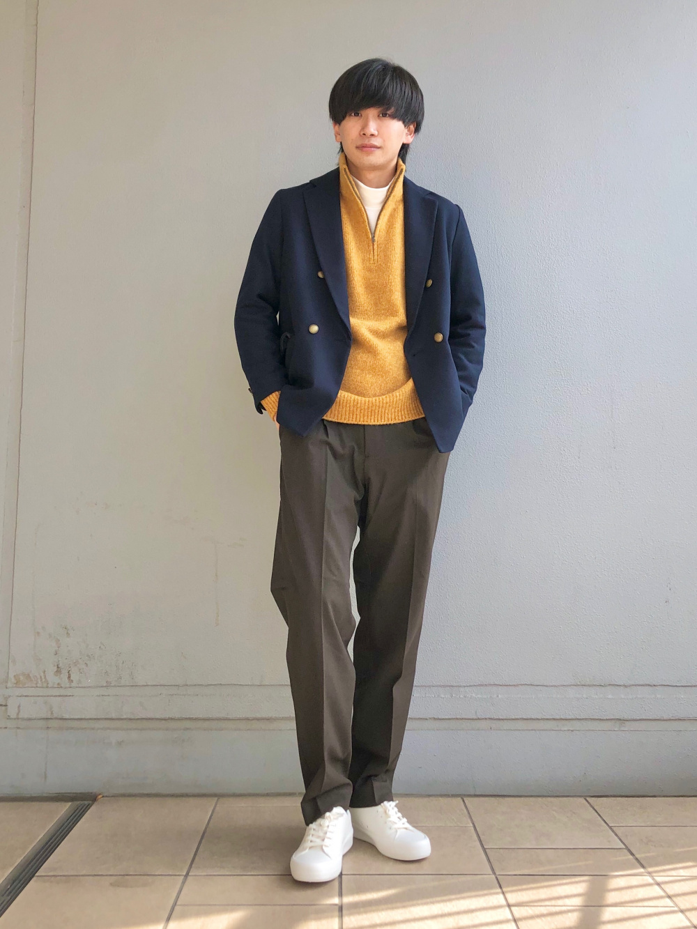 スフレヤーンハーフジップセーター（長袖）」の着用コーディネート