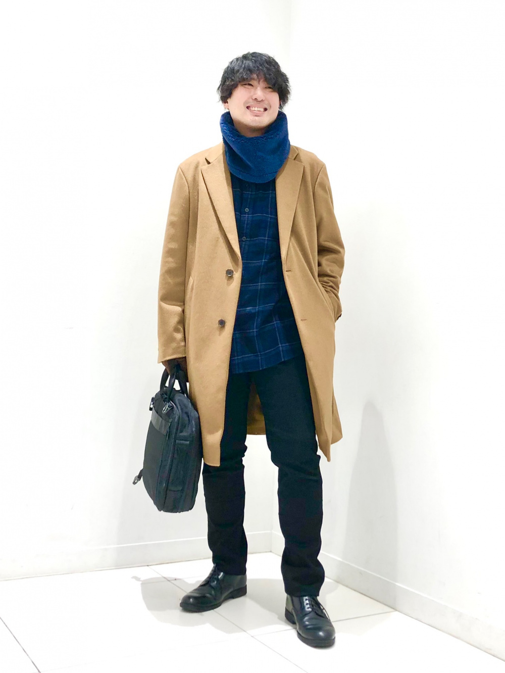ウールカシミヤチェスターコート、フランネルチェックシャツ