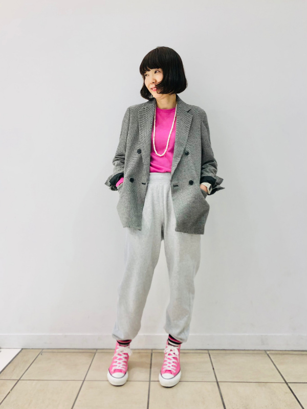 ダブルジャケット（チドリ）、タックワイドパンツ（丈標準68