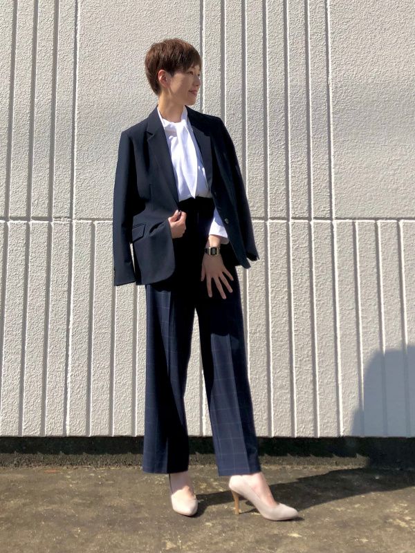 リラックステーラードジャケット、タックワイドパンツ（チェック・丈