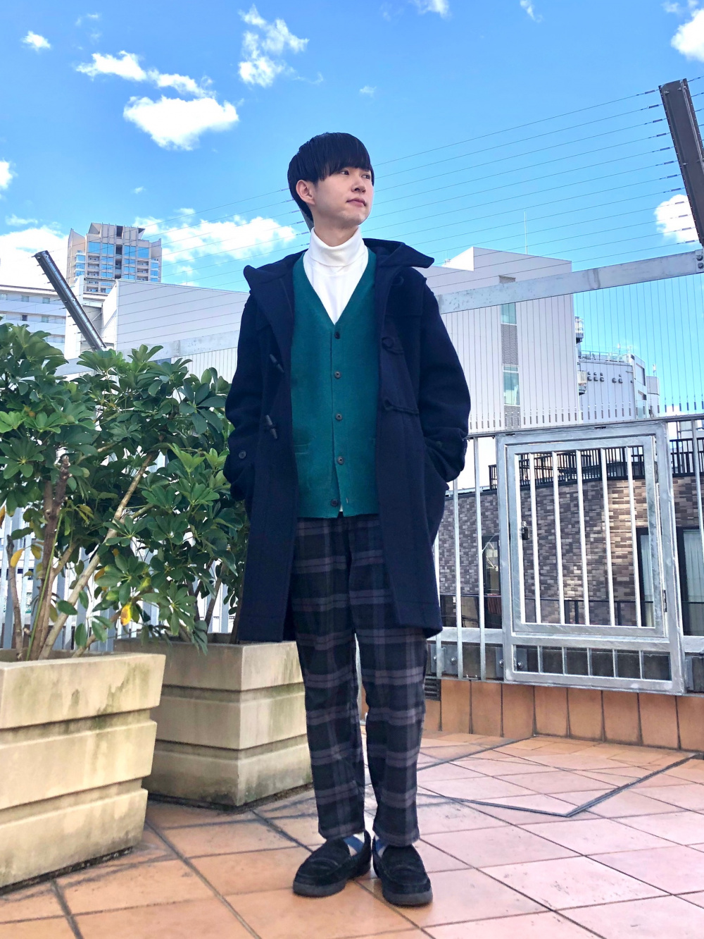 ダッフルコート、フランネルチェックシャツ（レギュラーカラー・長袖