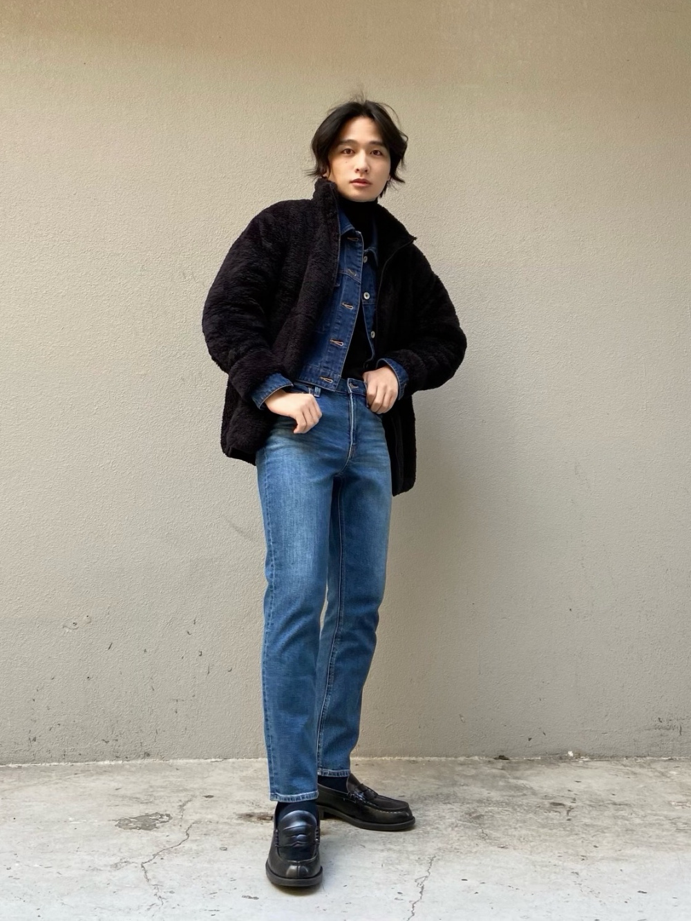 オーバーサイズ ジャケット アウター クロップ丈 メンズ オーバーサイズボーダーTシャツ（5分袖）、デニムクロップド