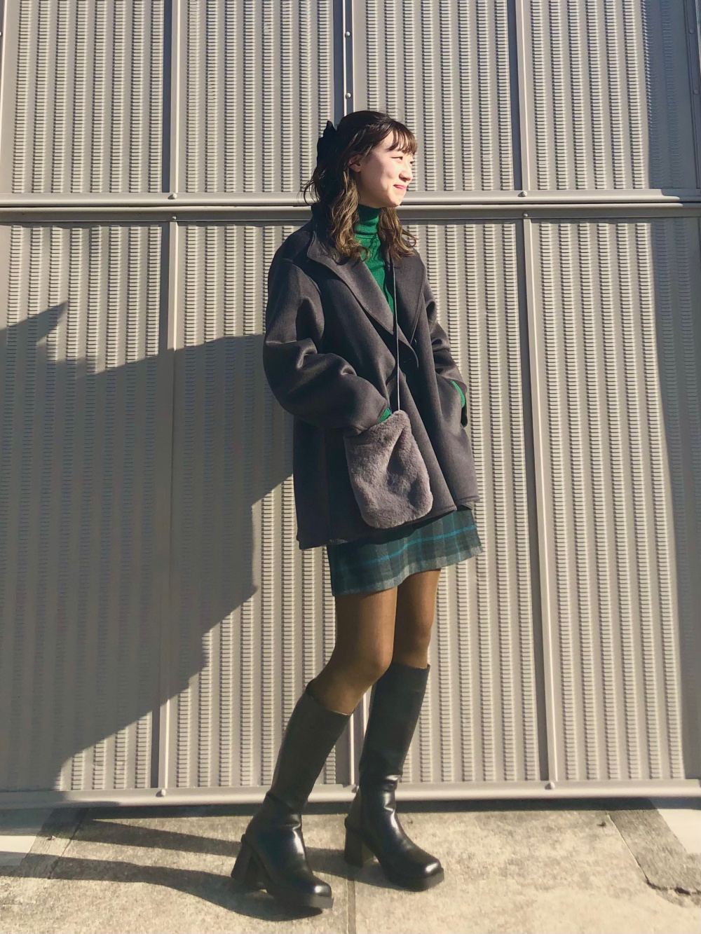 ダブルフェイスショートコート、ウールブレンドミニスカート（チェック  