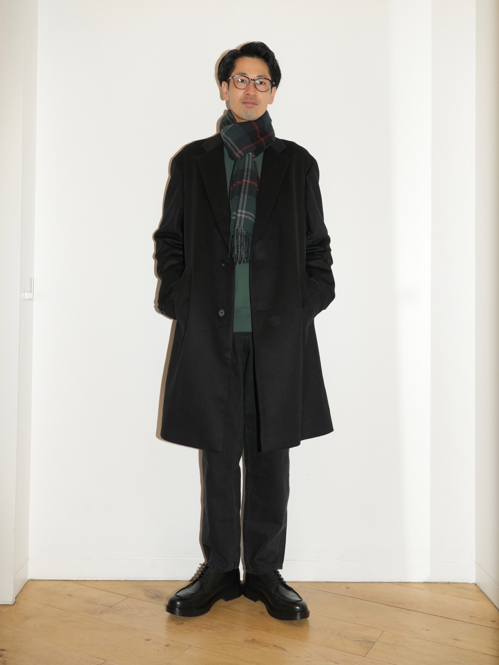 ウールカシミヤチェスターコート、フランネルチェックシャツ