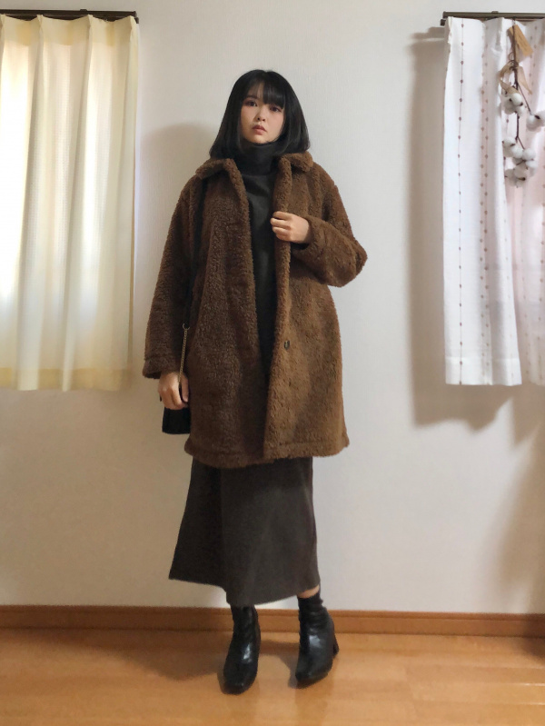 防風アウターフリースステンカラーコートのコーディネート・着用 