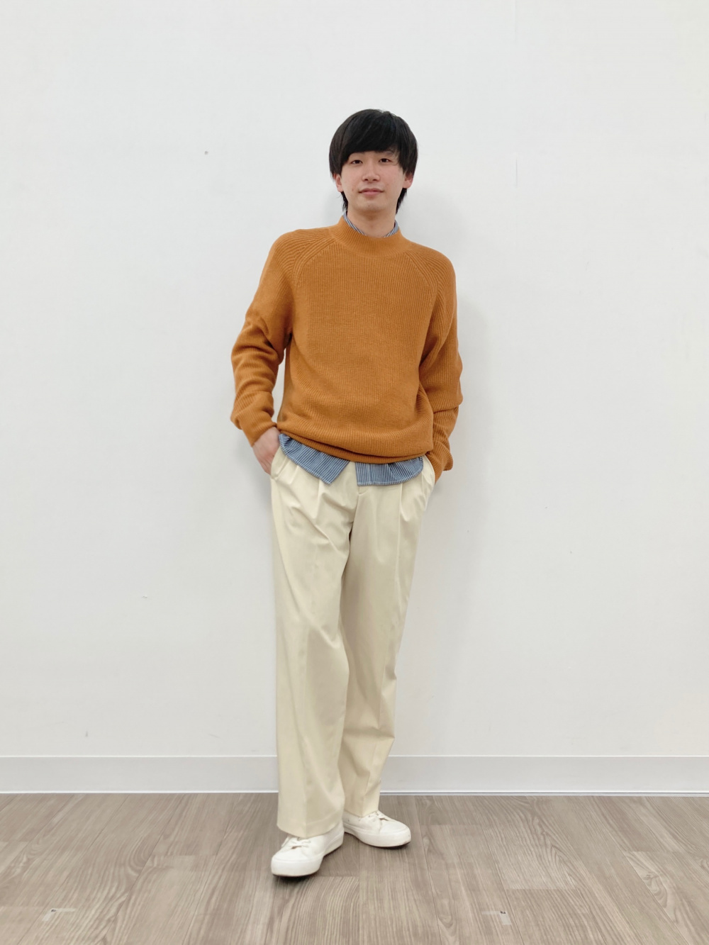 ミドルゲージモックネックセーター（長袖）、ヒッコリーワークシャツ