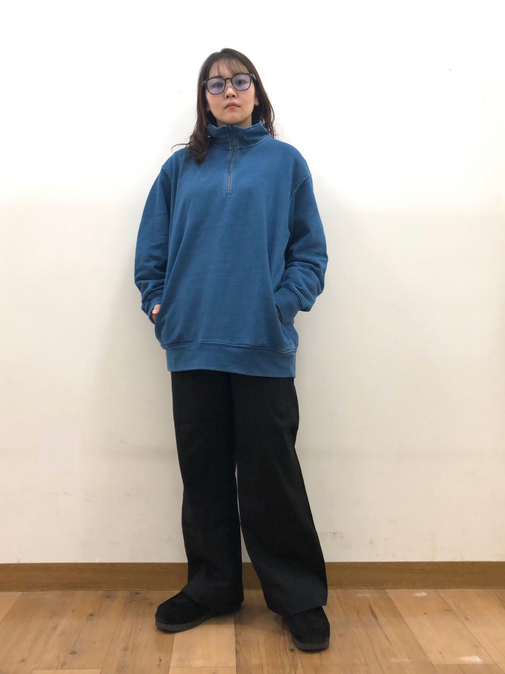 インディゴスウェットハーフジッププルオーバー（長袖）、コットン