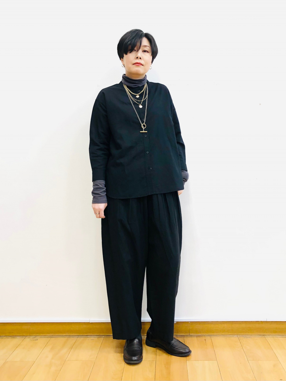 ジャージータートルネックT（長袖）、リネンブレンドバンドカラー 