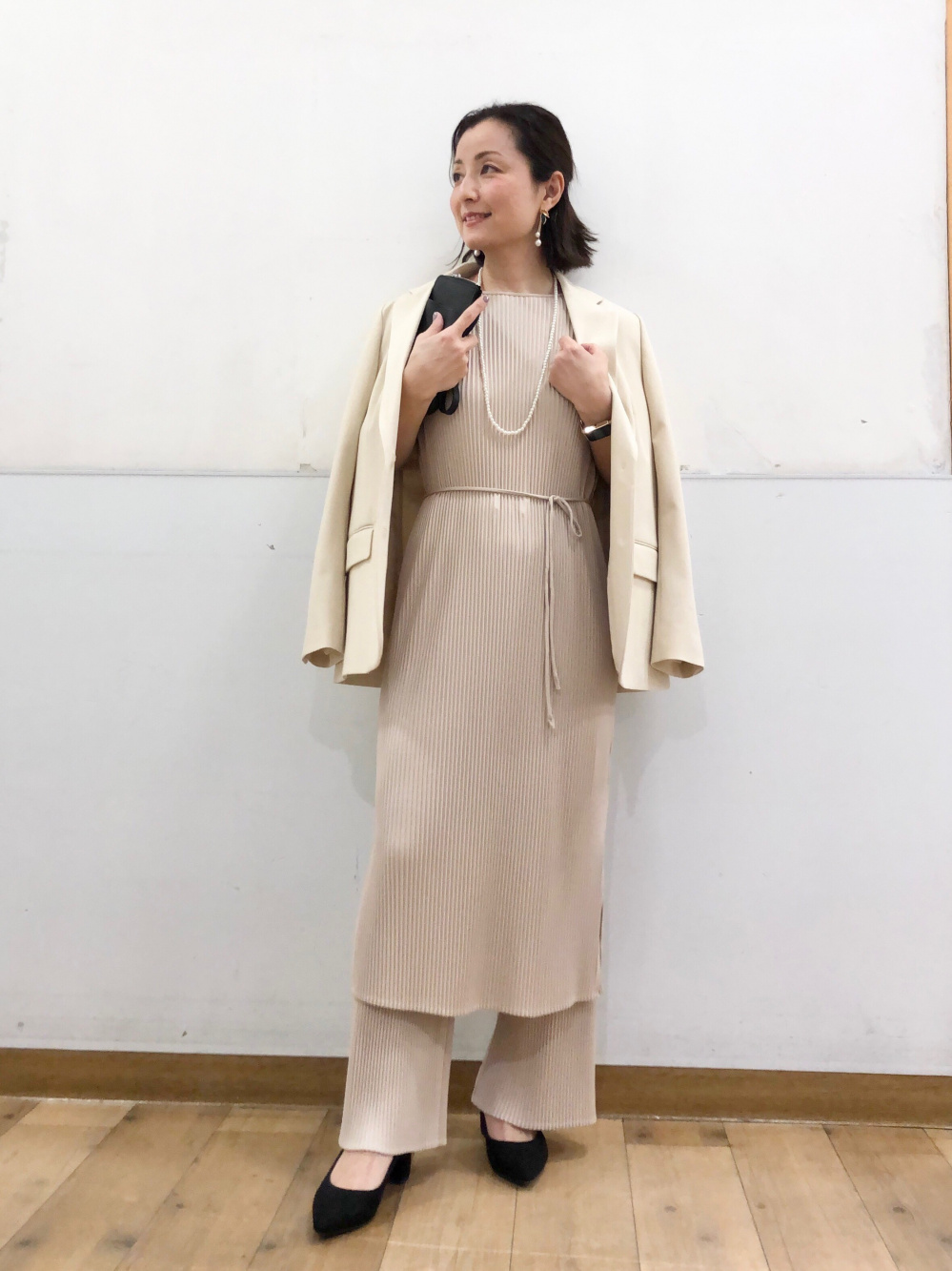 プリーツワンピース（半袖）セットアップ可能、リラックス