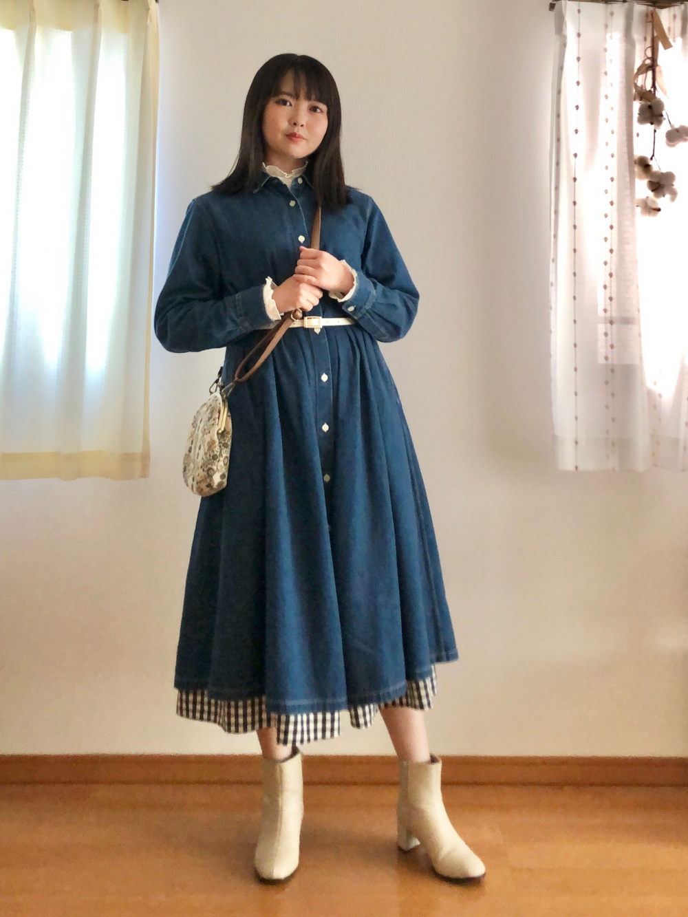 【再入荷】長袖 Aライン シャツ ワンピース デニム ボウタイ 再入荷】長袖 Aライン シャツ ワンピース デニム ボウタイ