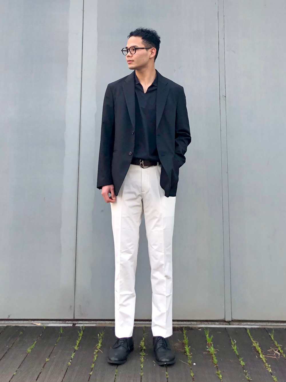 感動ジャケット2WAYストレッチ(ウールライク・袖丈着丈標準)セットアップ可能、感動パンツ2WAYストレッチ(ウールライク・丈70・73・76・85cm)セットアップ可能」の着用コーディネート| ユニクロ ユニクロ 感動パンツ2WAYストレッチ (ウールライク) 76 73 ブラック