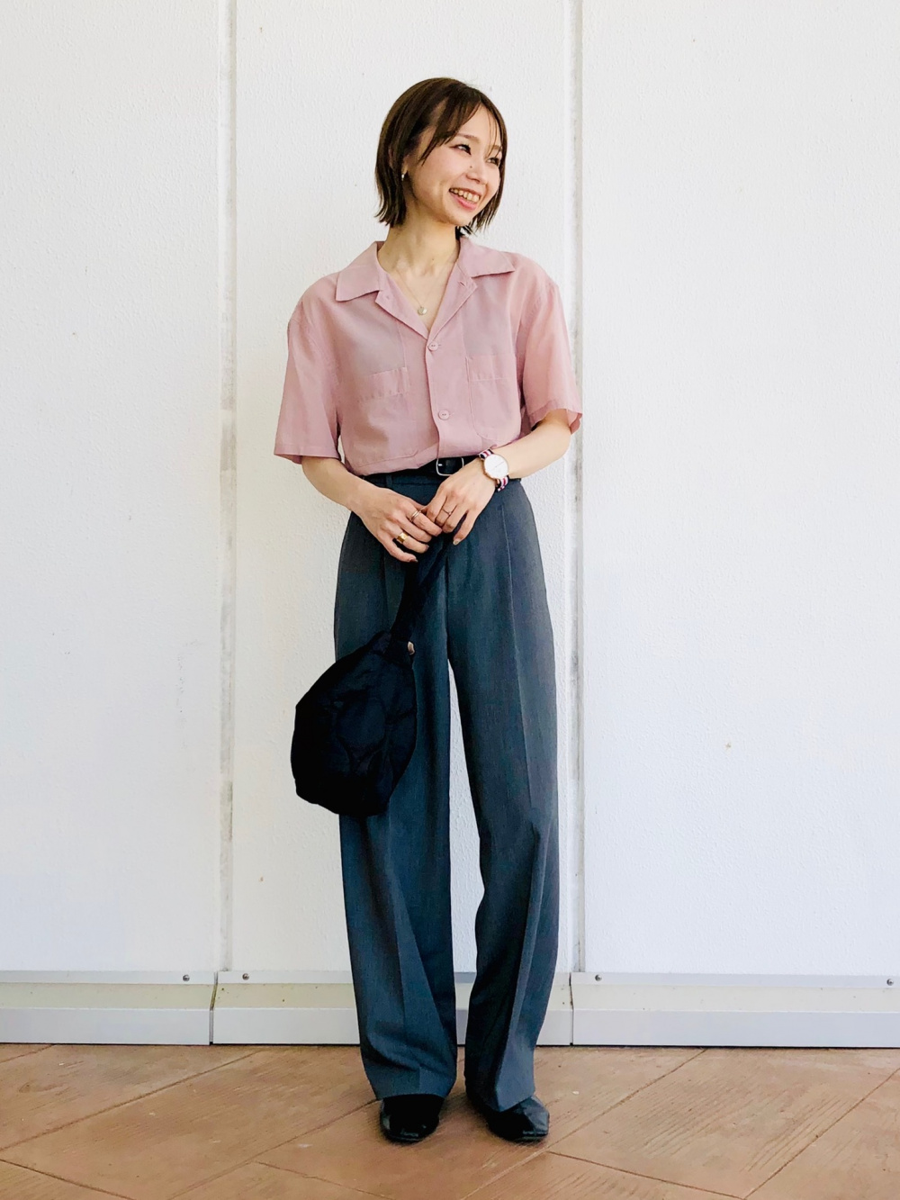 シアーコットンシャツ（半袖）、タックワイドパンツ（ツータック・丈