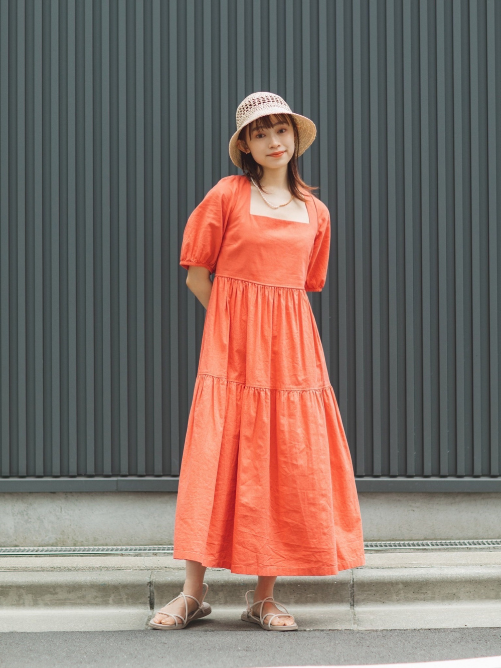 リネンブレンドシャーリングワンピース（半袖・標準丈・114～125.5cm  