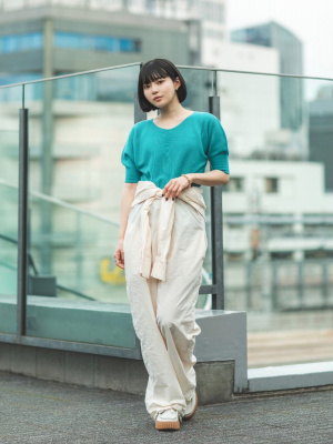 ☆ UNIQLO (M) 3D コットン クルーネック セーター 5分袖 ブルー
