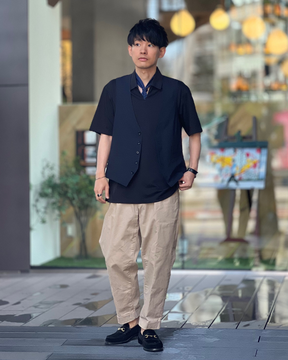 エアリズムポロシャツ（スキッパー・半袖）」の着用コーディネート