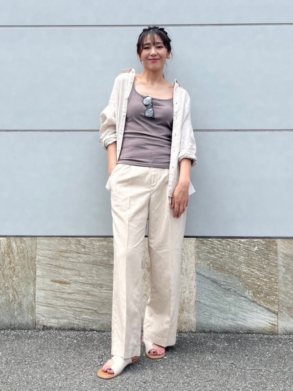 試着のみUNIQLO リネンブレンドタックワイドパンツ丈標準67