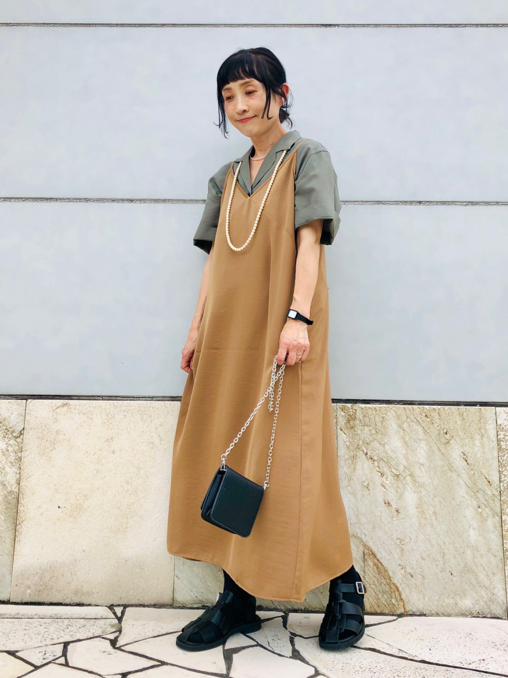 リネンブレンドギャザーキャミソールワンピース（標準丈・115～126cm