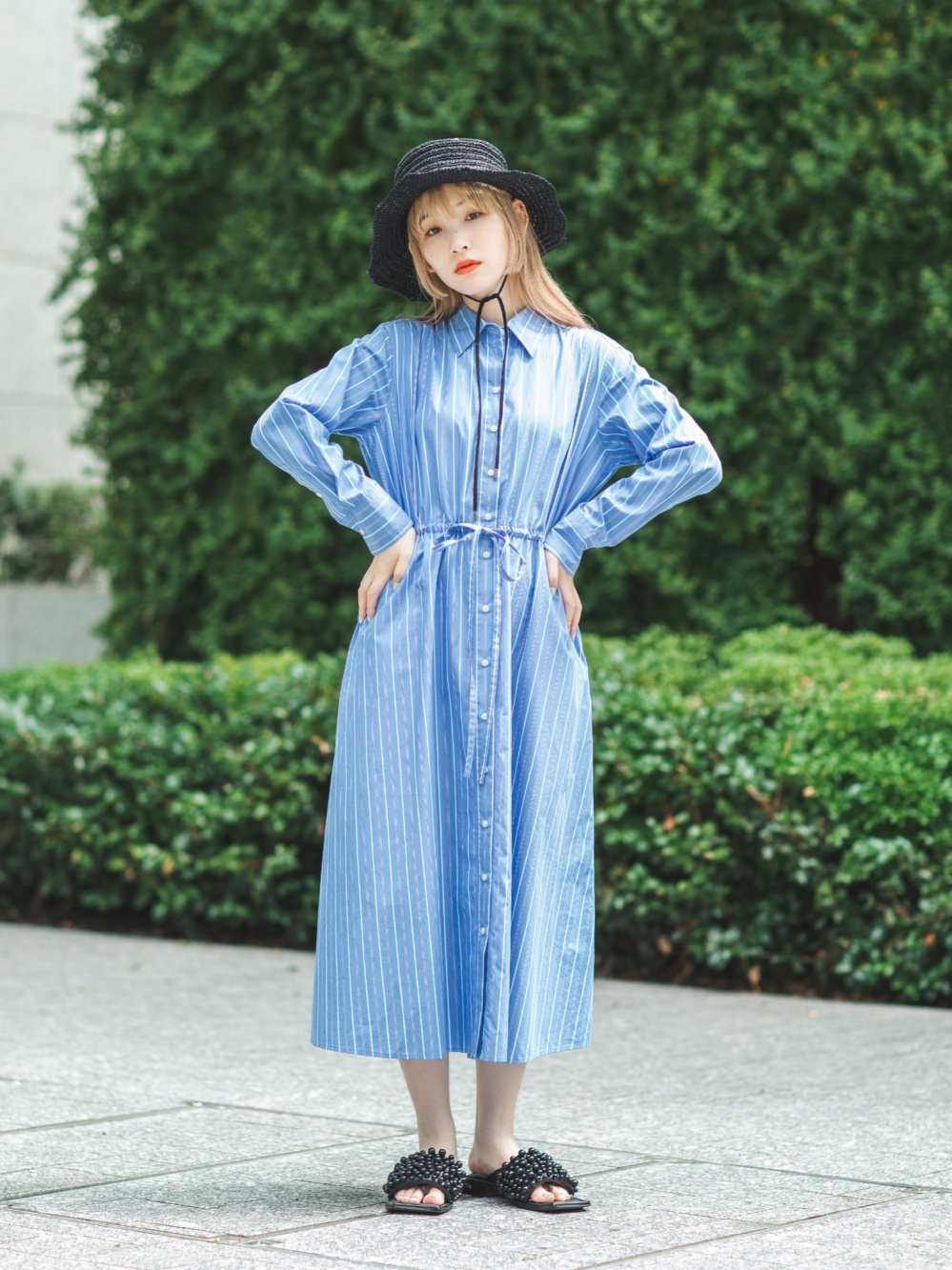 @ SOIL コットン ワンピース シャツ ロング 青 ブルー 長袖 コットンロングシャツワンピース（長袖・ストライプ・標準丈