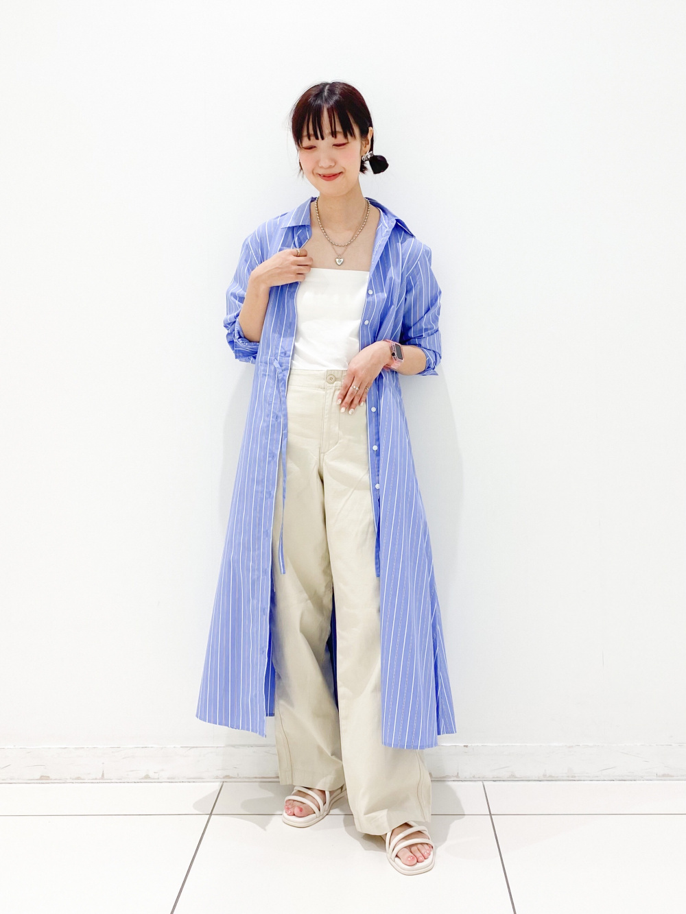 【CELINE】ストライプ コットン ロング シャツワンピース ロング シャツワンピース コットン ストライプ スリットネック