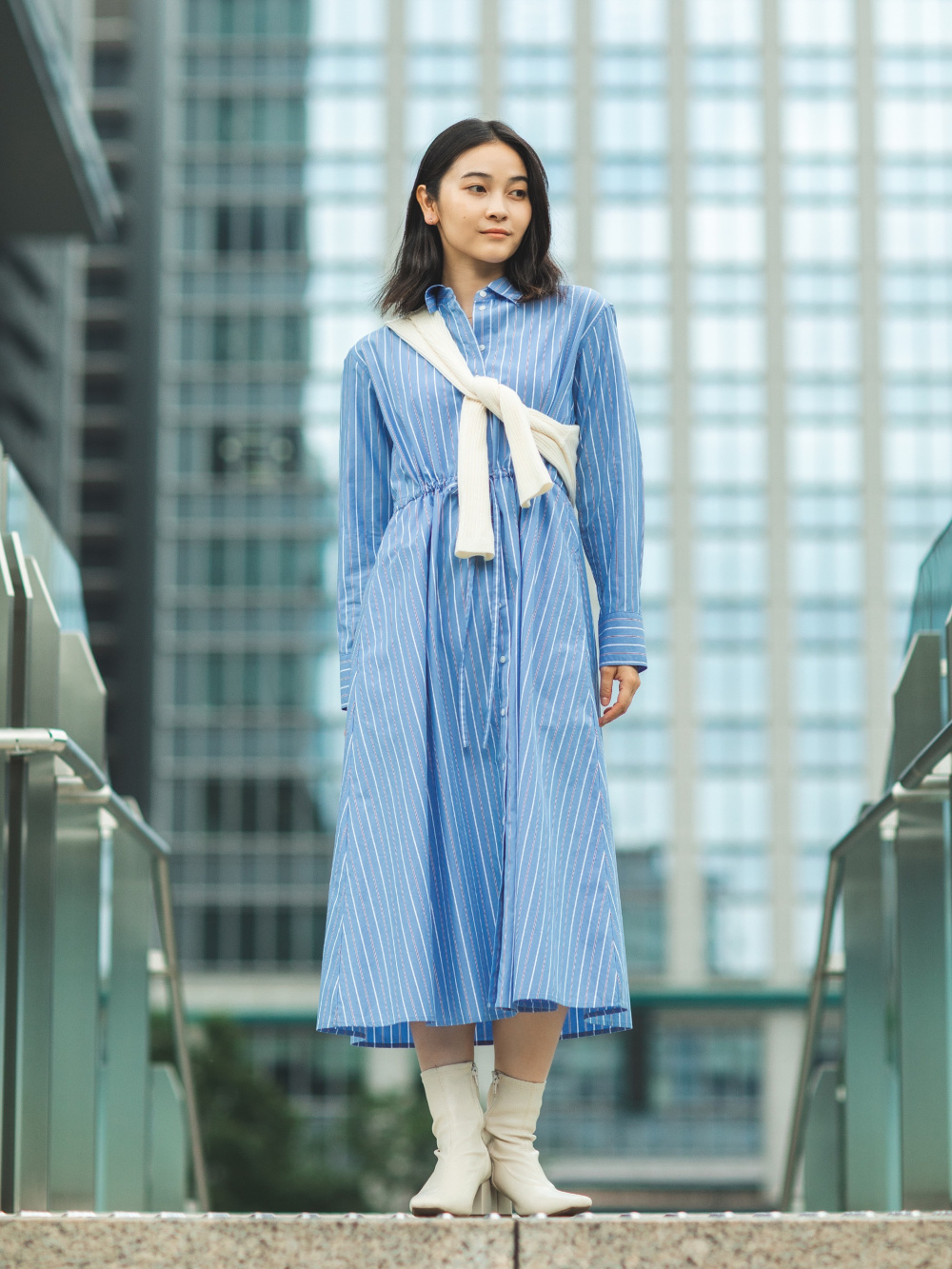 コットンロングシャツワンピース（長袖・ストライプ・標準丈