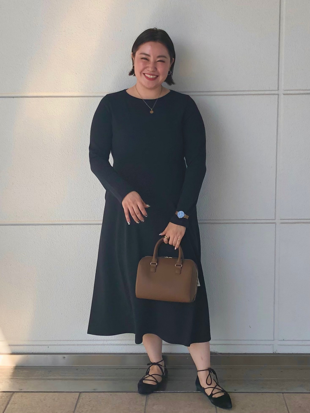 ポンチフレアワンピース（長袖・標準丈・111.5～122cm）、レザータッチ