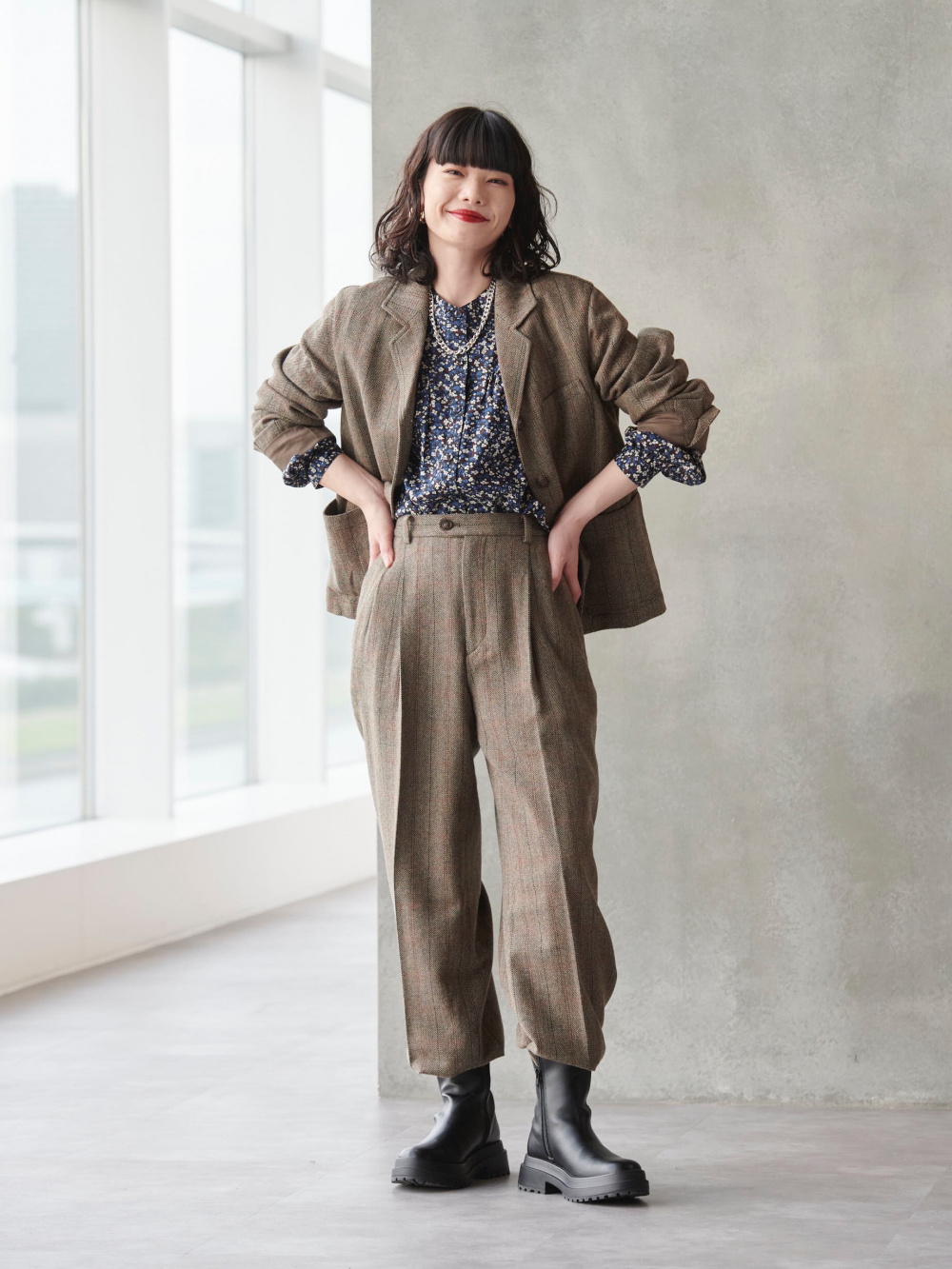 UNIQLO Cツイードオーバーサイズジャケットタックワイドパンツ 