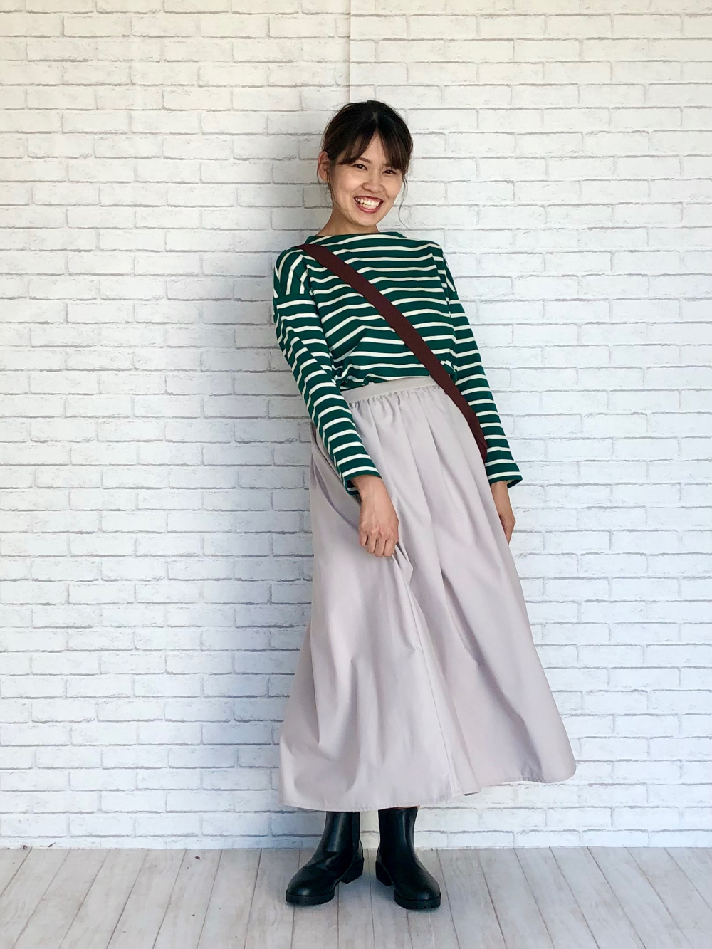 ボーダーTシャツ（長袖）、ボリュームロングスカート（丈標準86