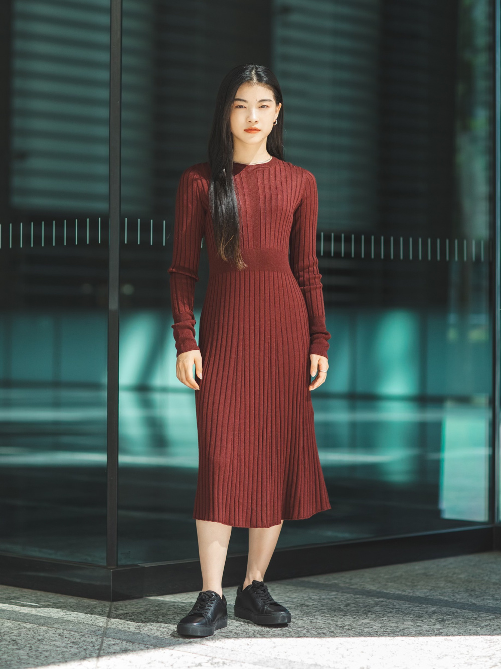 3Dワイドリブクルーネックワンピース（長袖）」の着用コーディネート