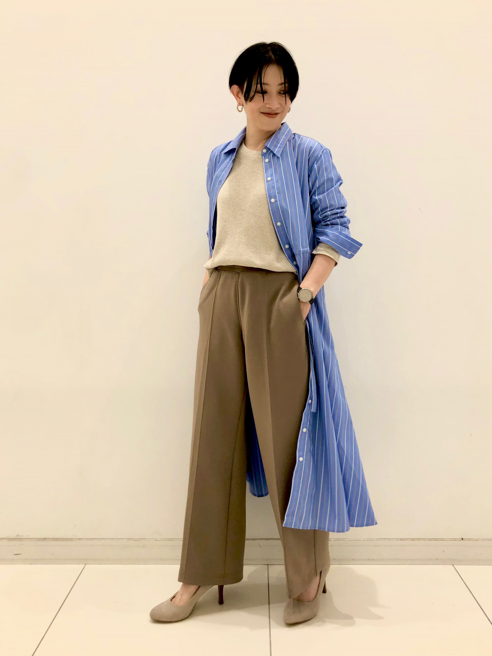 【CELINE】ストライプ コットン ロング シャツワンピース ロング シャツワンピース コットン ストライプ スリットネック