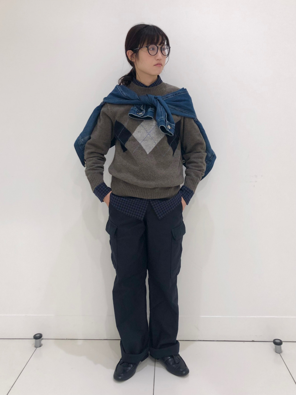 デニムショートジャケット、ボーダークルーネックT（長袖）」の