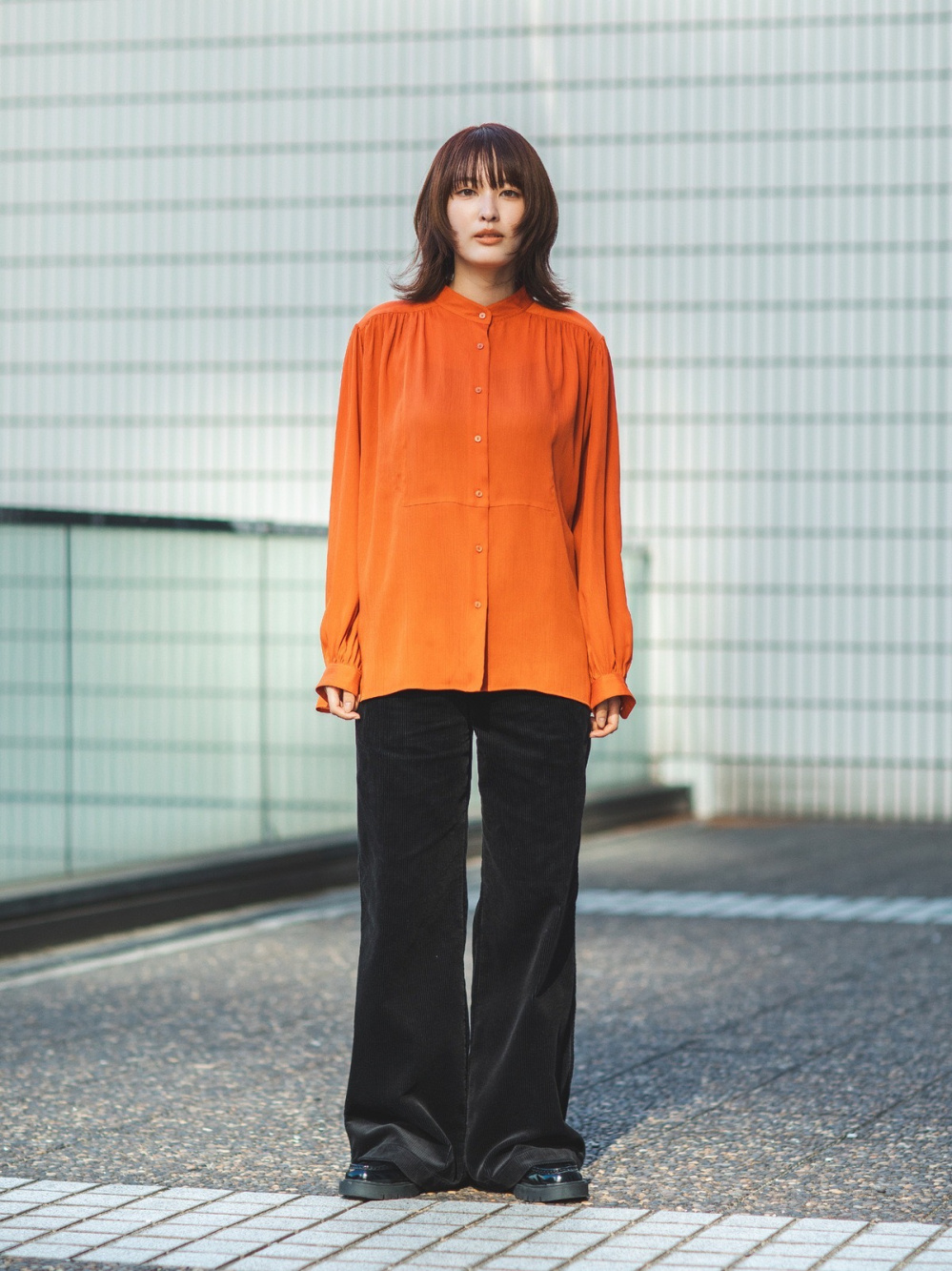 Check styling ideas for「Volume Long Sleeve Blouse、Corduroy